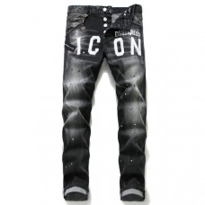 Men Personality Patch Paint ICON Jeans Slim Fit Men Washed Denim Pant Trousers